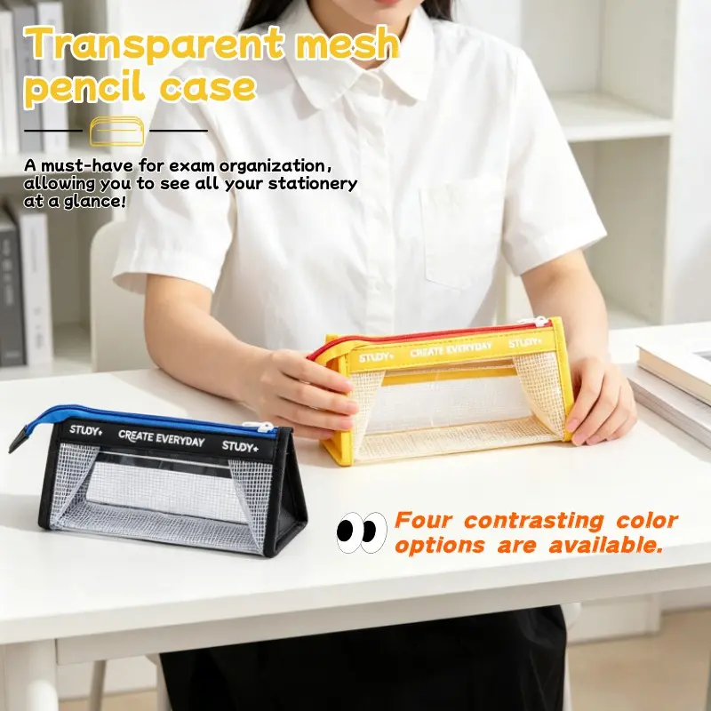 Transparent Grid Triangle Pencil Case, Large Capacity Layered Stationery Box, Student Exam Visible Simple Pencil Bag, Campus Style, Office Supplies