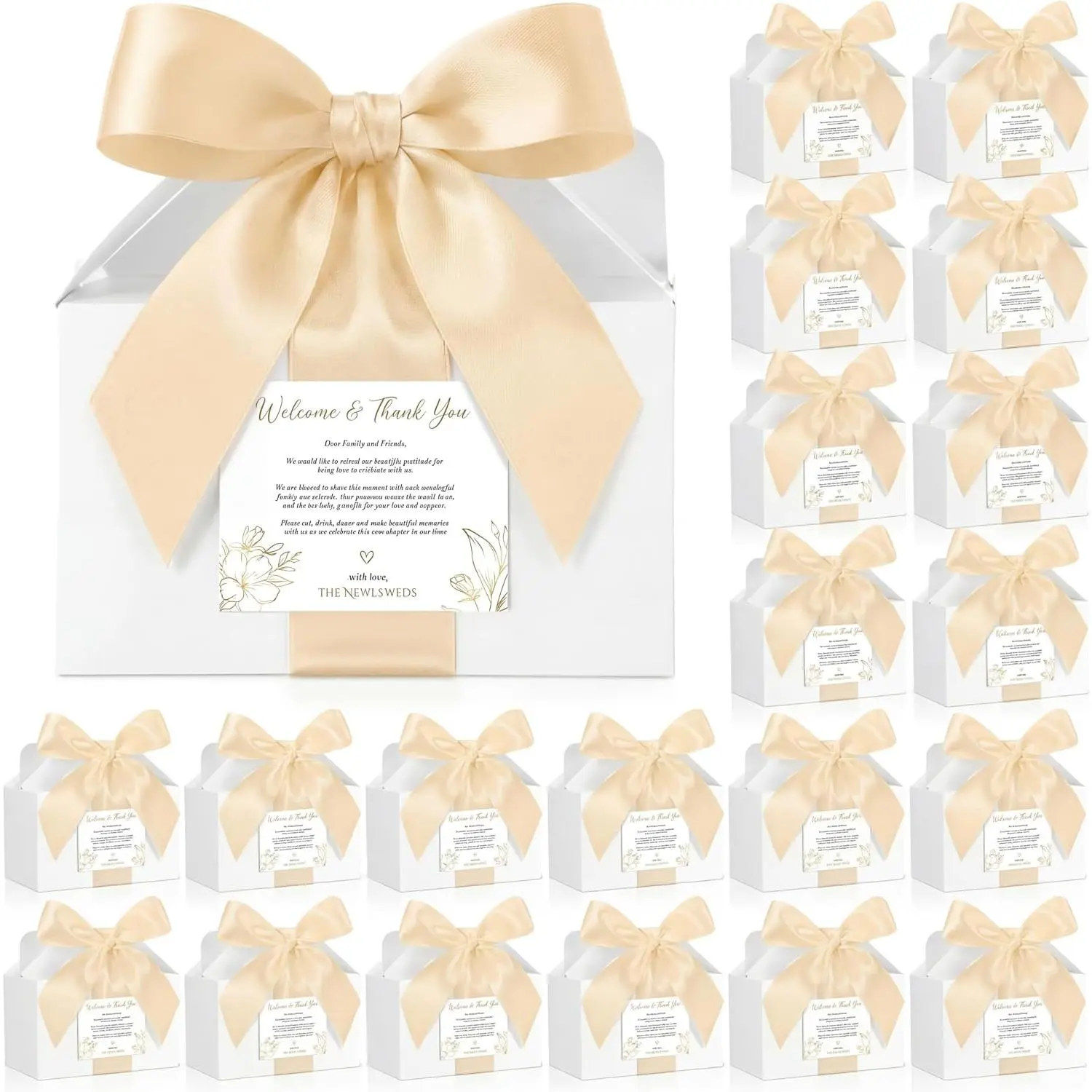 50 Set Classic Durable Wedding Gable Boxes with Handles, Soft Ribbon Labels, Color Rich Satin Accents, 6 x 5.6 x 3.5 In Thank You Boxes for Bridal Shower Guests, Festive Favor Kit for Home Party Supplies