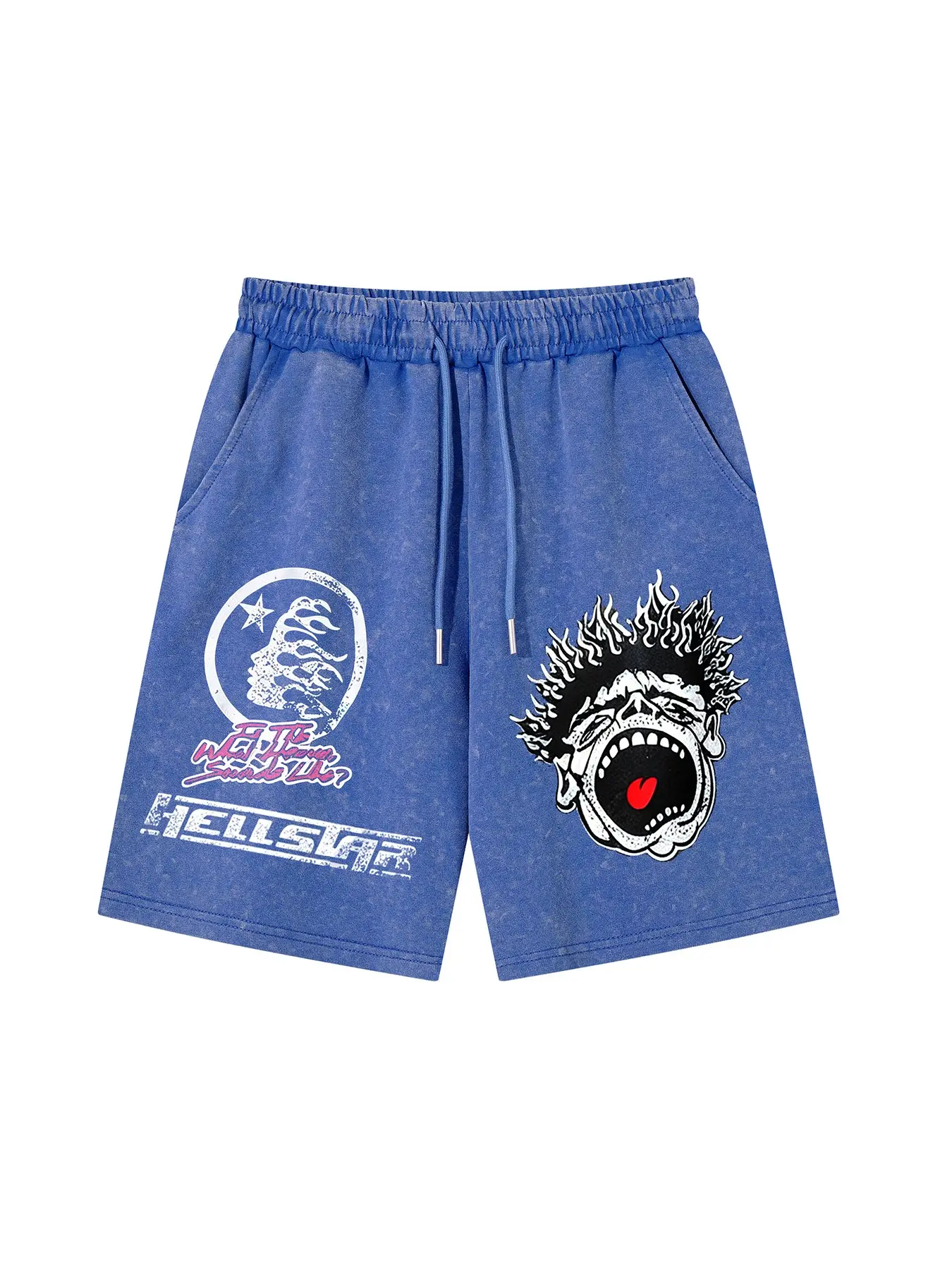 Men's Summer Shorts, Daily Casual Shorts, Vintage Streetwear, Tie-Dye Cartoon Faces, Explosive Hair, Flame Stars Print, Fashionable Casual Sports Pants