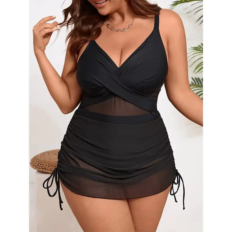 Plus Size One Piece Swimsuit - Women's V-Neck Cross Mesh Skirt Style Swimming Costume with High Elasticity Nylon and Spandex