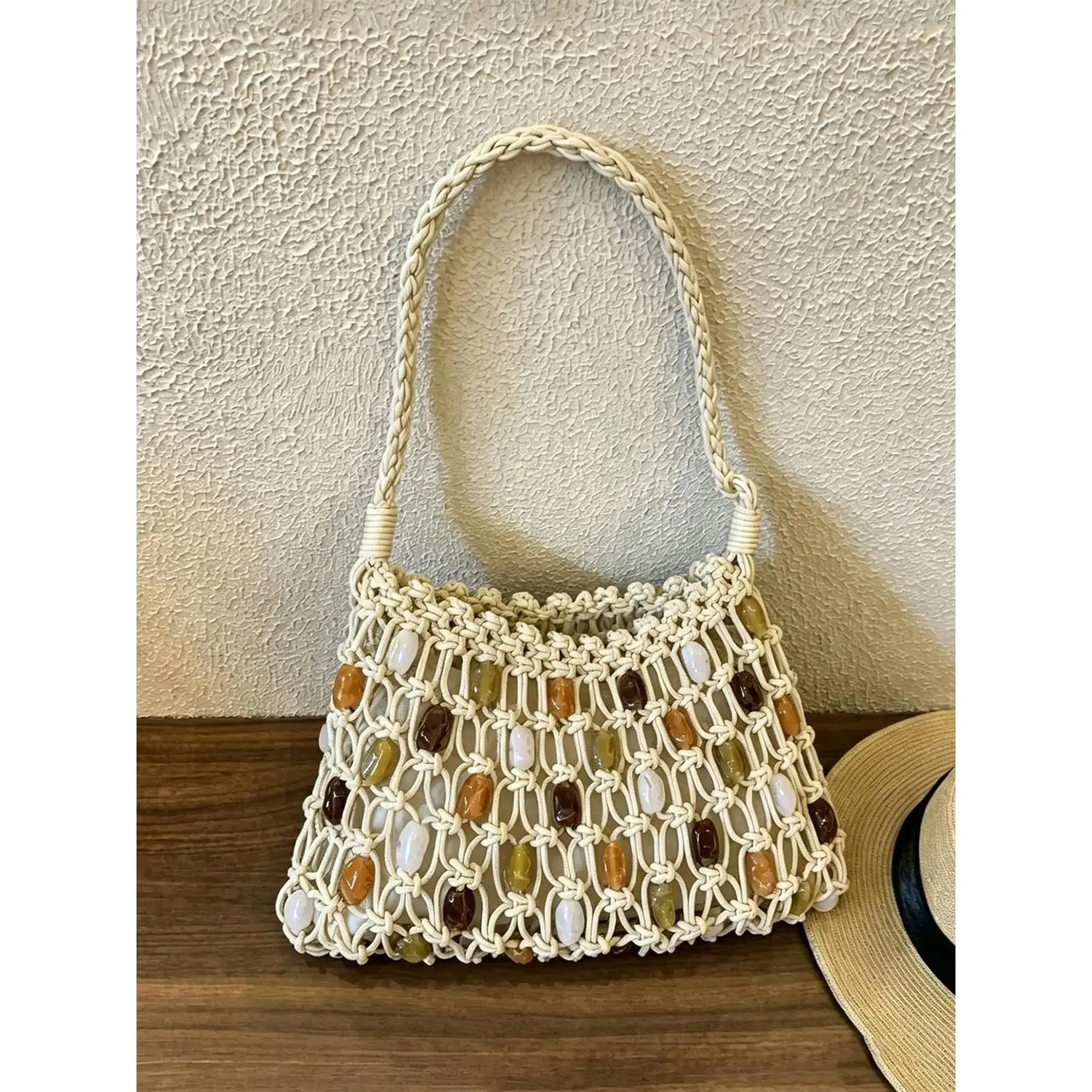 Women's Bohemian Crossbody Bag, Vibrant Beaded Mesh Fabric Shoulder Tote with Stone Beads, Casual Retro Handbag for Festival Outfits, Lightweight with Adjustable Strap, Casual Shoulder Purse, Woven Stones