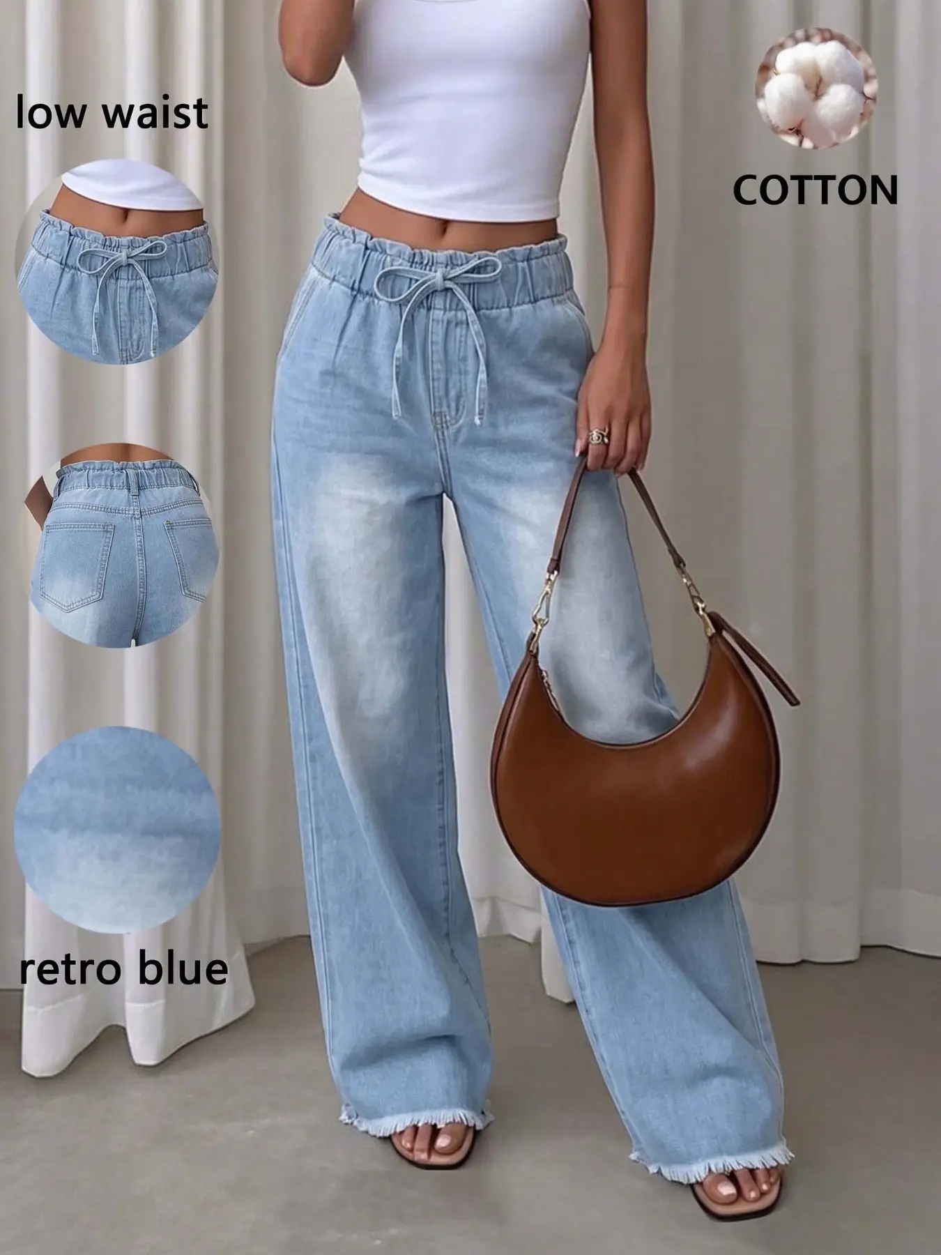 Vintage Light Wash Drawstring Elastic Waist Wide Leg Frayed Edge Loose Fit Women's Casual Jeans, Comfortable All-Season Long Pants