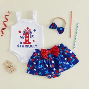 Patriotic 0-18M 3 Piece Outfit Set Ruffle Strap Letter Star Print Bow Detail Layered Hem Matching Headband Cotton Polyester Spandex Blend Summer Baby Items Girls Summer Clothes