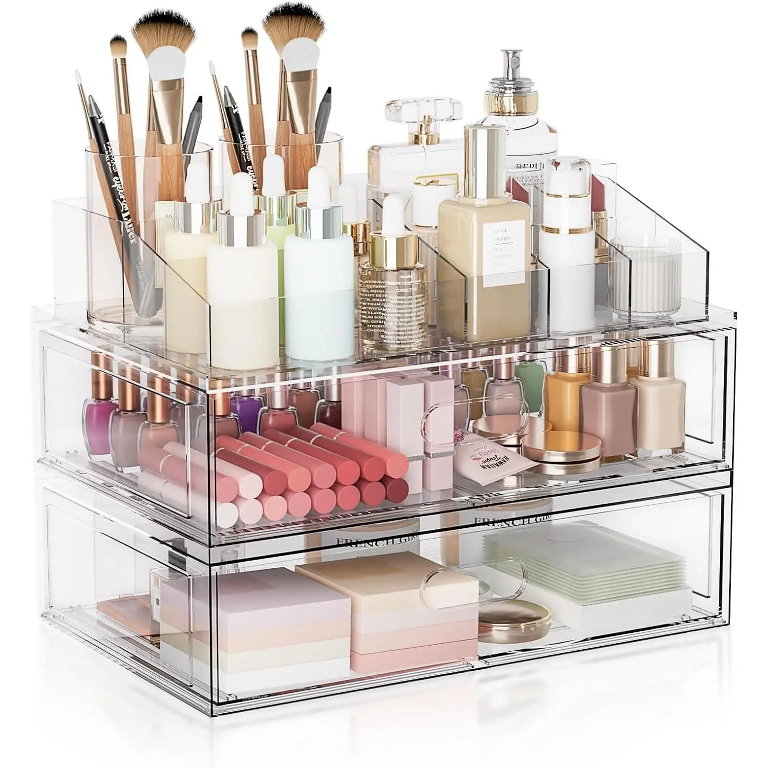 Clear Stackable Makeup Organizer with Drawer, 12''W Acrylic Storage Drawers, Cosmetic Display Case for Vanity Bathroom Countertop, Beauty Holder for Lipstick Brush Skincare Perfume