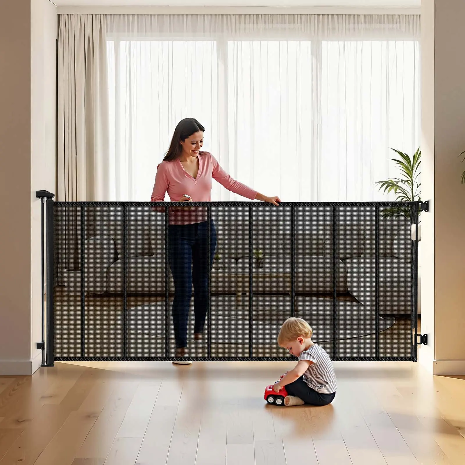 VEVOR Retractable Baby Gate, Extends to 202.7 inch Extra Wide, 39 inch Tall, with Reinforced Fiberglass Strips, Avoids Crawling Through, Mesh Dog Gate for Decks, Doorways, Garages, Indoor, Black