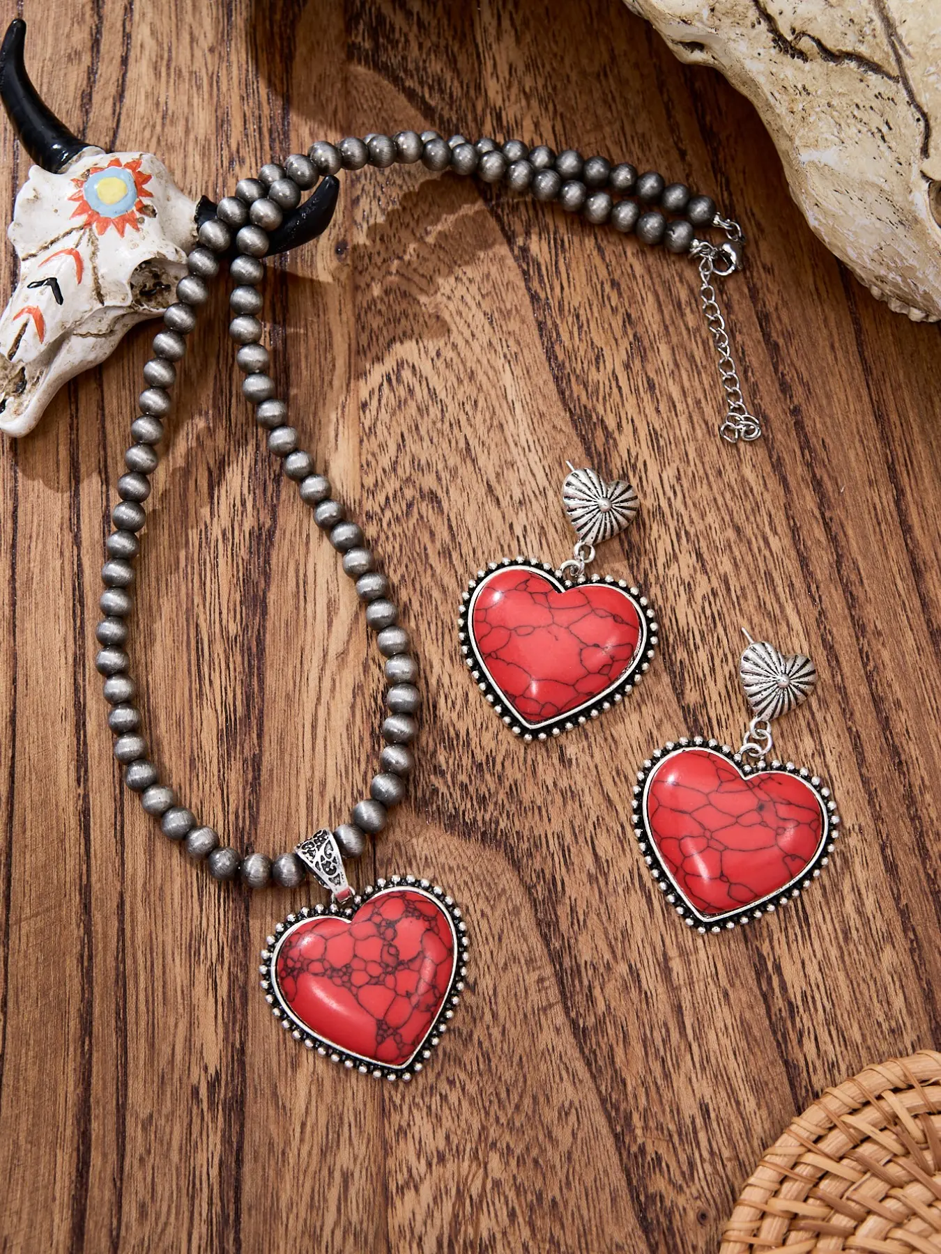 3-Piece Vintage Western Boho Necklace Set, Heart Turquoise Jewelry, Ethnic Style, Fashionable Cowgirl Accessories, Gift for Friends