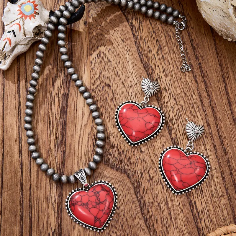3-Piece Vintage Western Boho Necklace Set, Heart Turquoise Jewelry, Ethnic Style, Fashionable Cowgirl Accessories, Gift for Friends, Birthday Gift Jewelry