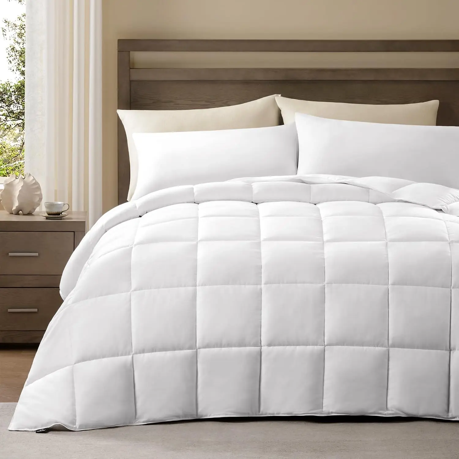 Queen Size Lightweight Duvet Insert - Cotton Sateen Shell, 250GSM Breathable Fill, 90x90in, Summer Down Alternative Comforter, Ultra-Soft, 8 Tabs, Machine Washable