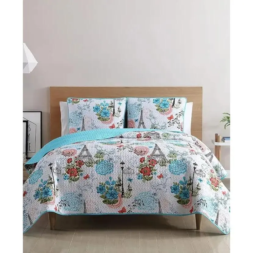 Blue Floral Print Microfibre Eiffel Paris Queen Bed Quilt Set - 3-Piece Wrinkle-Resistant, Fade-Resistant, Durable Comforter Alternative Bedspread Coverlet with Shams, Machine Washable for Full/Queen Beds (Solid Option Available)