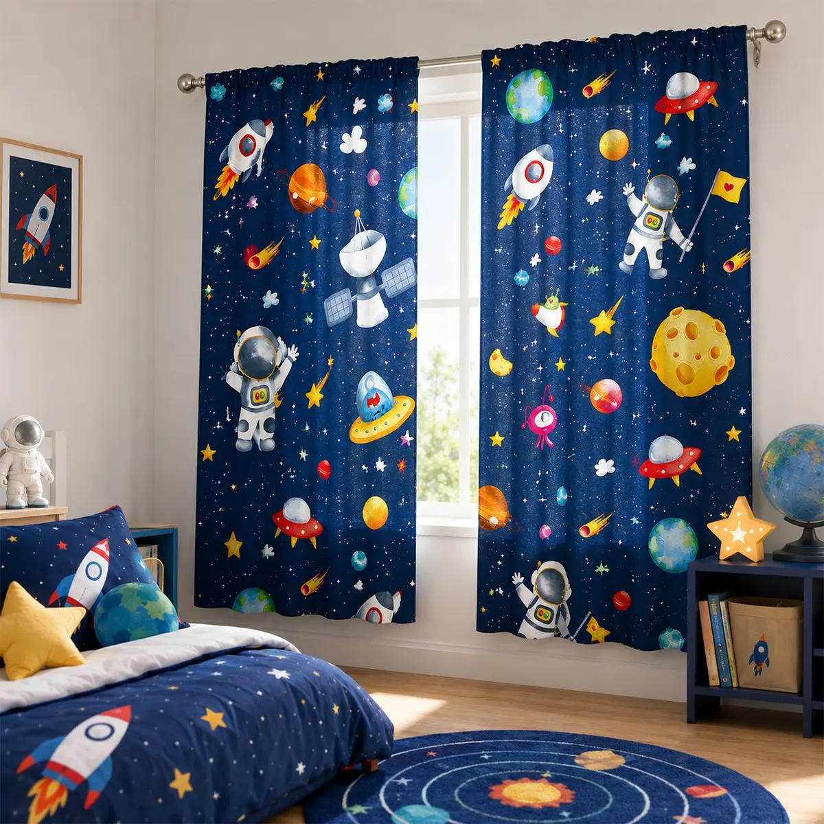 2-piece navy blue space rocket and planet print curtain. A fun, aerospace-themed bedroom curtain with a pocket rod installation. Made of polyester, it protects privacy and is suitable for living rooms, kitchens, bedrooms, studies, hotels, etc.