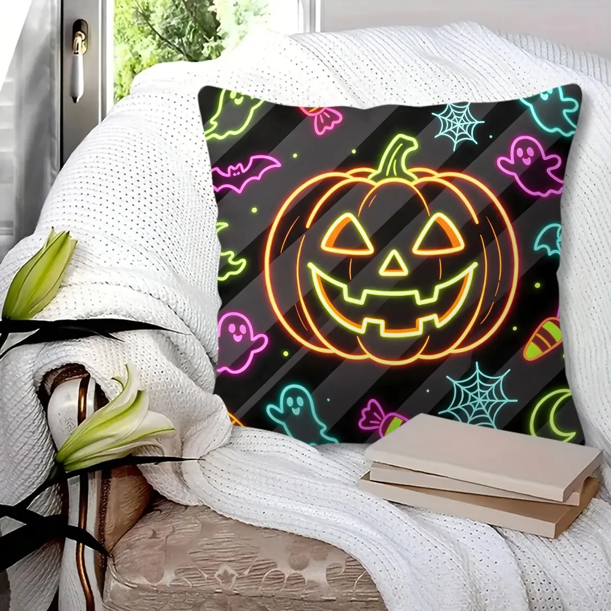 Halloween Neon Pumpkin Print Throw Pillow, Spooky Ghost Bat Spider Web Decorative Cushion, Soft Cozy Durable Pillow For Sofa Couch Bedroom Living Room Halloween Party Decoration, With Pillow Insert