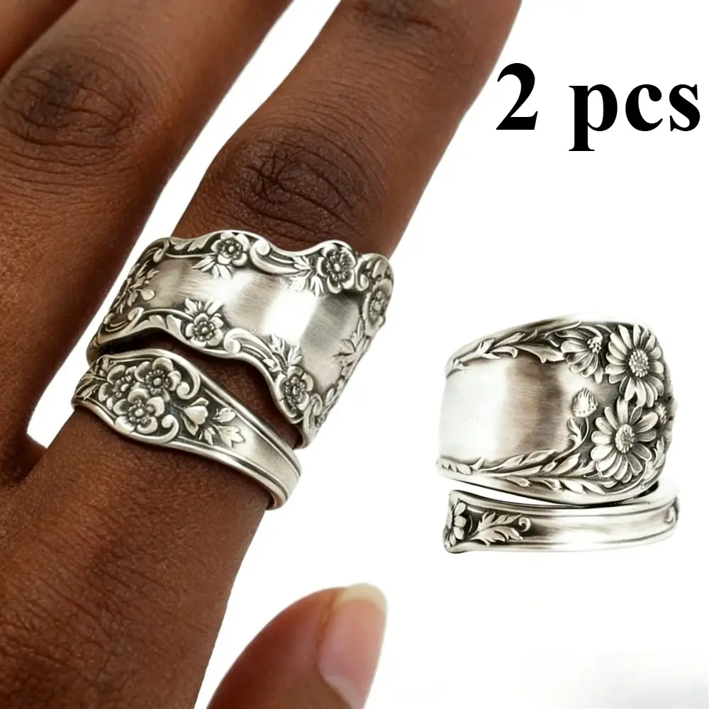 2-Piece Spoon Rings & Dark Floral Vintage Adjustable Rings for Women, Elegant Casual Wear Costume Jewelry, Christmas Gift
