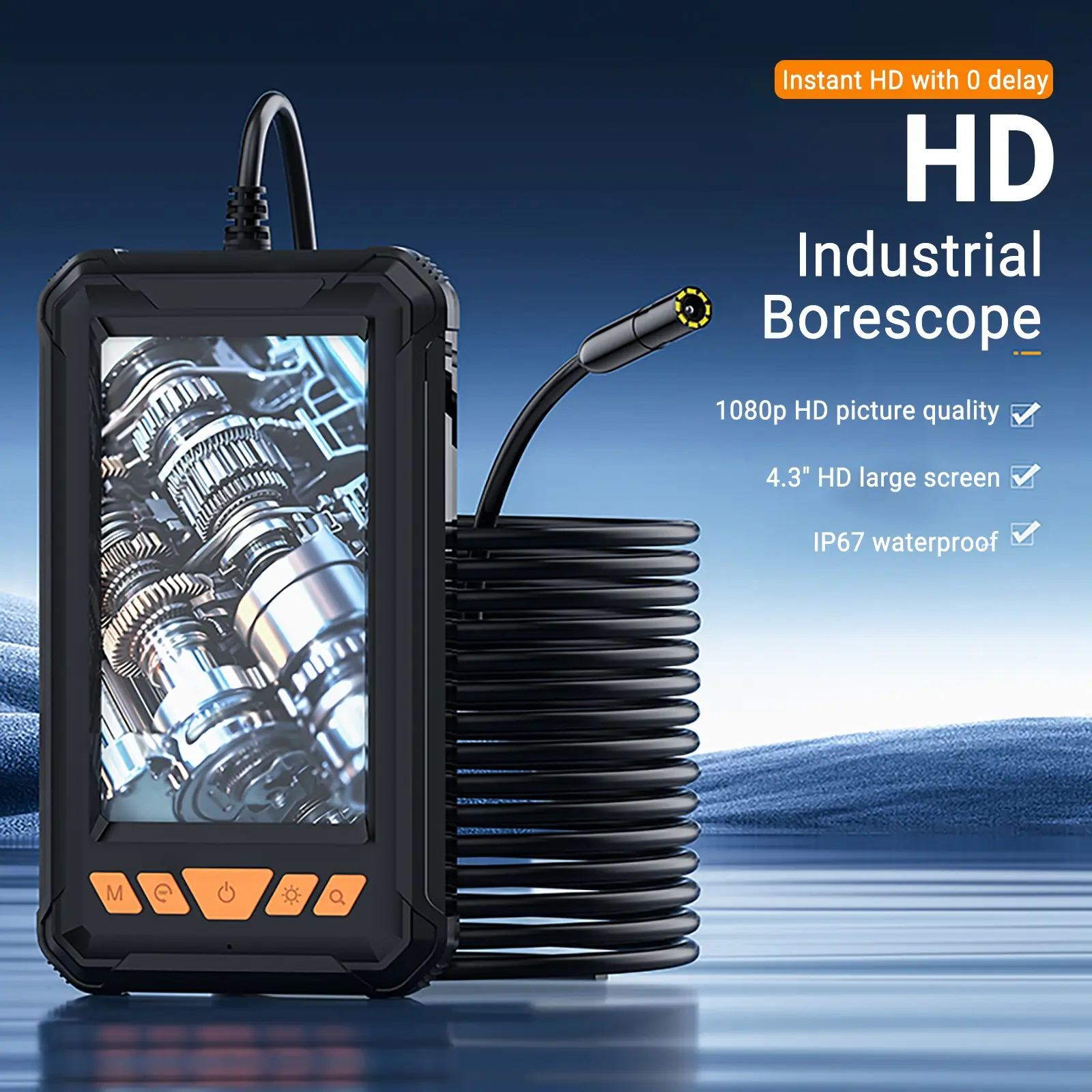 Industrial Endoscope with 4.3 Inch Screen, Waterproof Camera, Semi-Rigid Cable, 8 LED Lights, Ideal for Plumbing, Automotive, Hvac, Electrical Repair