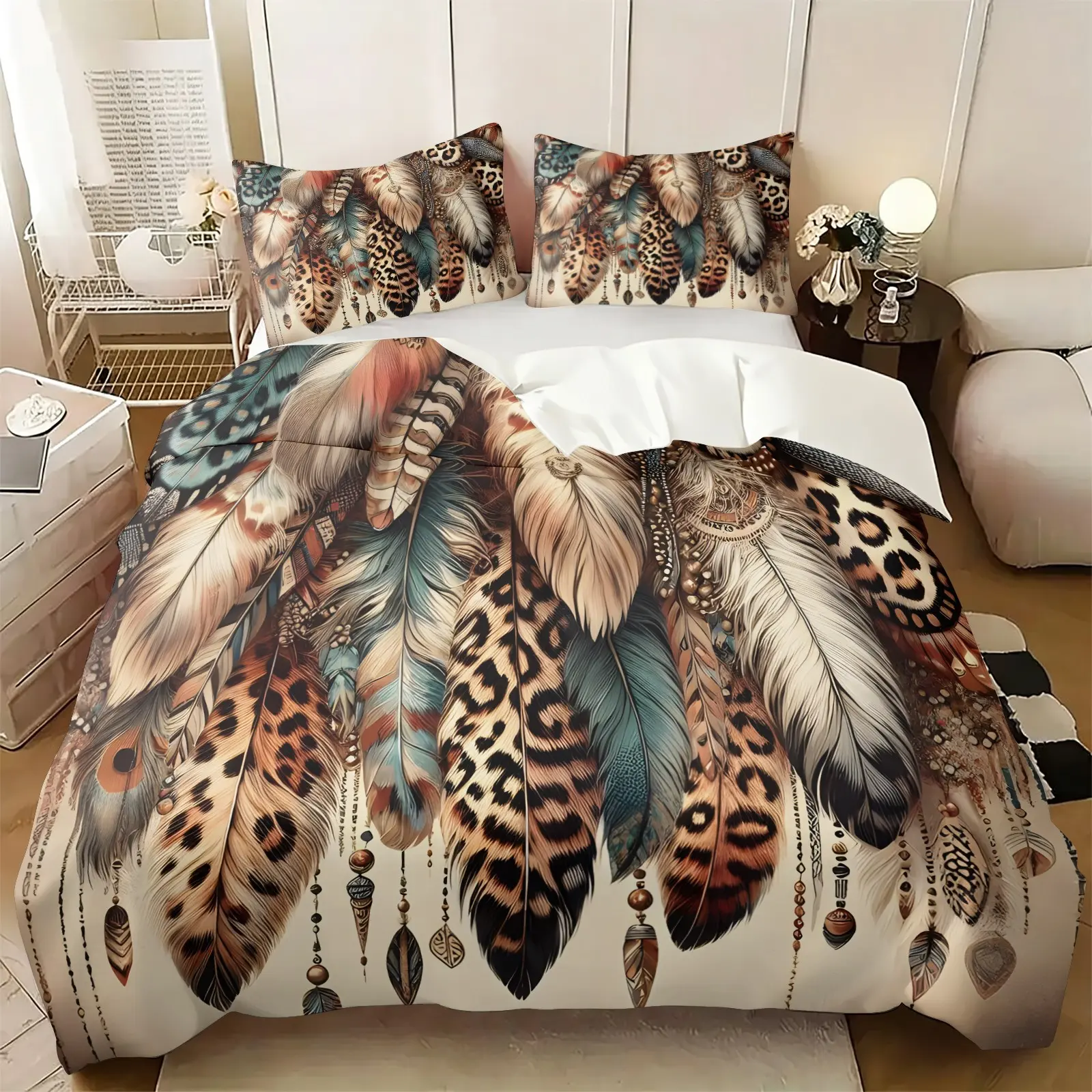2 or 3-Piece Leopard Print and Feather Pattern Duvet Cover Set – Tribal-Style Beaded Tassel Vintage Bedding – Soft & Cozy Southwestern Cowboy-Style Bedroom Decor – Gift for Boho Lovers ( 1 Comforter Cover + 1 or 2 Pillowcase; No Insert Included)