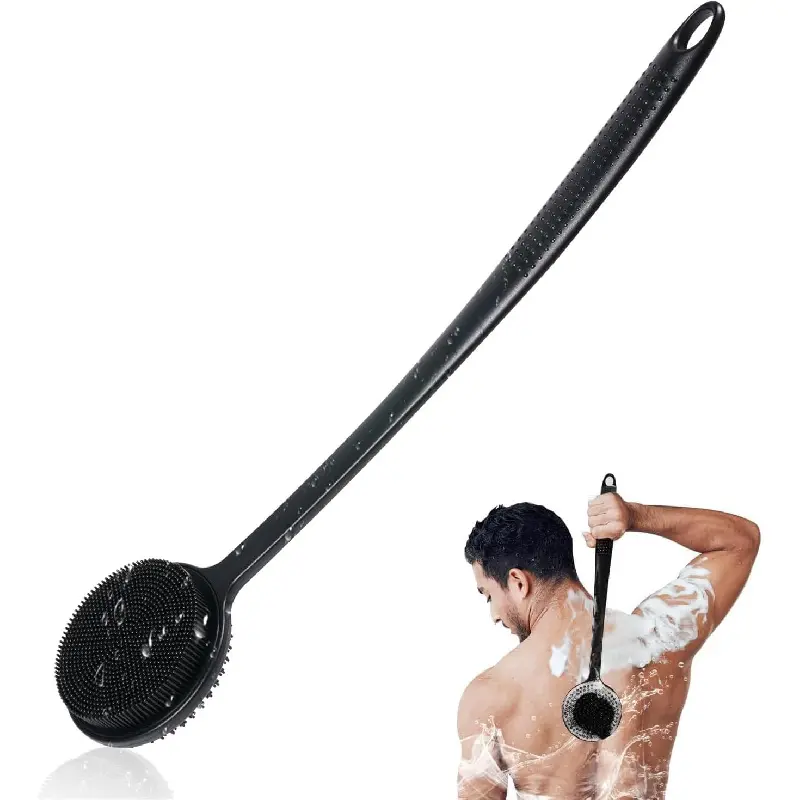 Silicone Back Scrubber for Shower, 17in Lengthen Long Handle Body Brush, Double Sided Shower Brush for Shower Exfoliating and Massage Can Produce Rich Foam, Long Handle Back Scrubber for Men