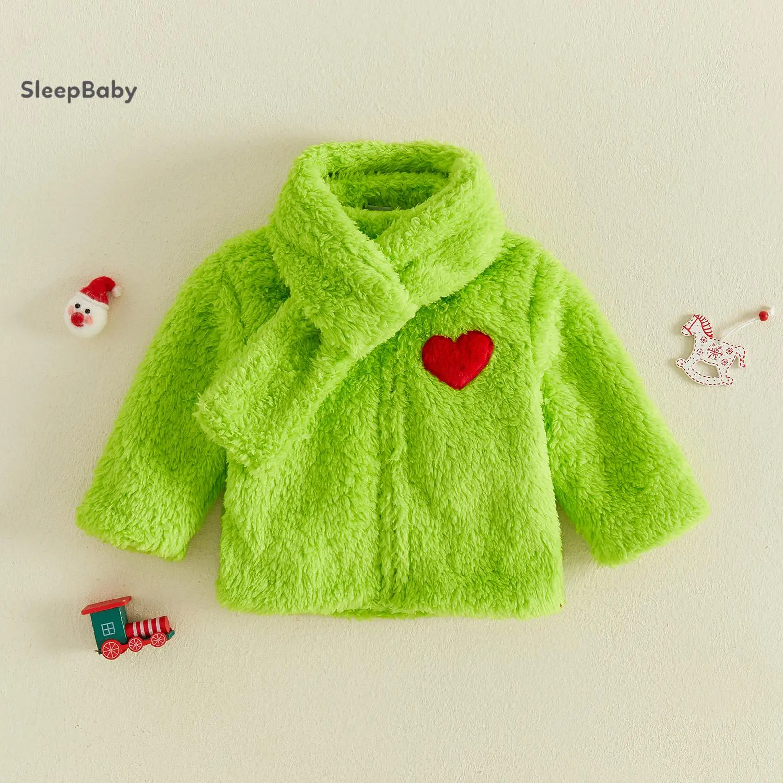 Toddler Baby Girl Boy Christmas Kids Green Heart Plush Jacket And Scarf Set, Thick Sherpa Fabric, Zip‑up Long‑sleeve Coat, Ideal For Holiday Party & Daily Going‑out