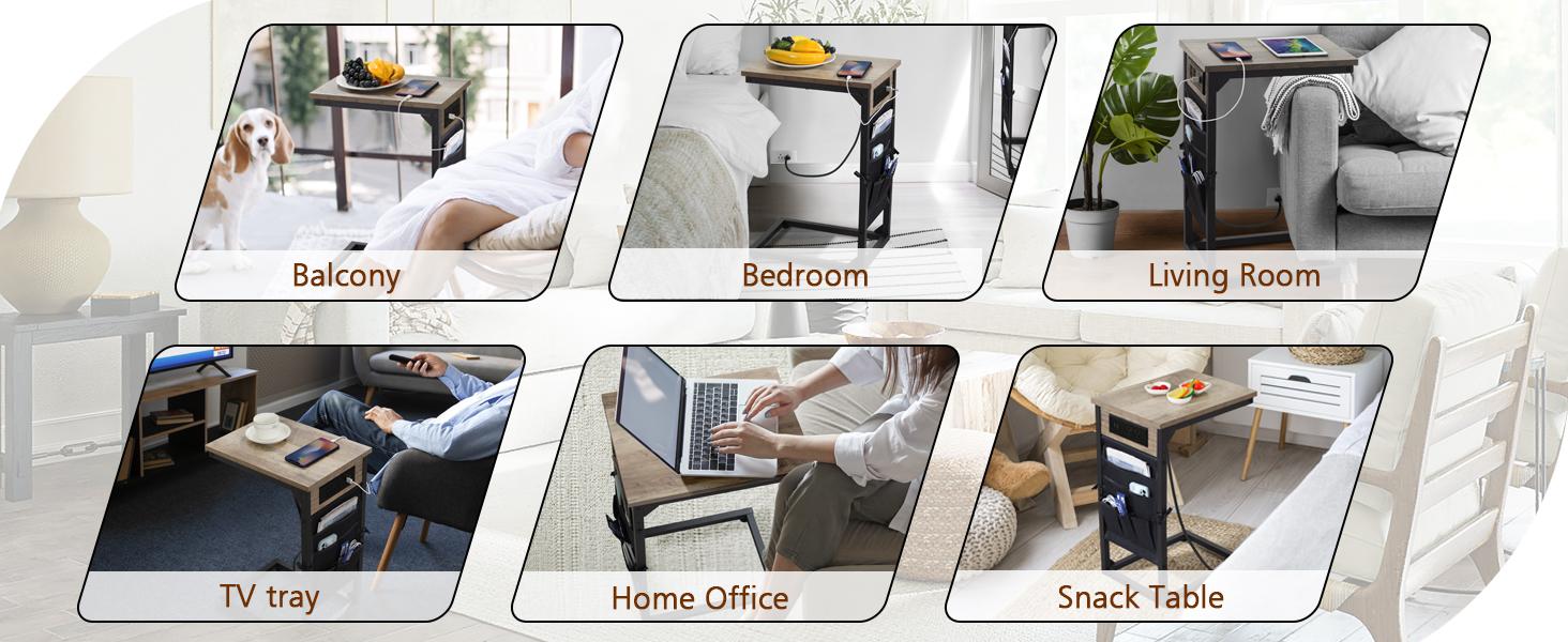 Shaped End Table , TV Tray Set of 2, Couch Tables with Storage Bag, Slide Under Sofa Side Table with USB Ports and Outlets for Living Room, Grey HET04CGY