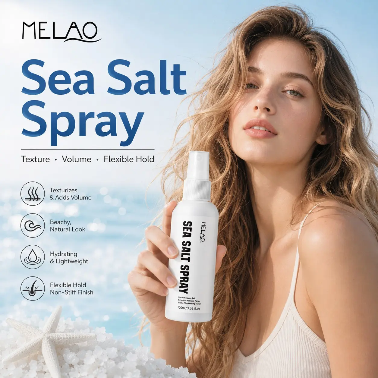 Sea Salt Spray for Voluminous Hair, Textured Spray with 5 Simple Ingredients, Easy Styling for Daily Use, High Crown, Curly Texture