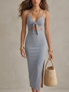 Women's Cut Out Backless Knot Front  Ribbed Cami Dress, Solid Adjustable Strap Split Thigh Chic Long Fit Dress for Party Club Dating Wear, Ladies Summer Clothes Womenswear