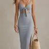 Women's Cut Out Backless Knot Front Twist Ribbed Spaghetti Strap Cami Sleeveless Dress, Solid Adjustable Strap Split Thigh Chic Long Fit Dress for Party Club Dating Wear, Ladies Summer Clothes Womenswear