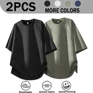2PCS Combo Men's Vintage Washed Raglan Crew Neck Short Sleeve Top, Solid Curved Loose Hem Lightweight High Elastic Breathable Sweat-Wicking Quick Dry Drop Shoulder Casual Base Tee For Daily Campus Commute Layering