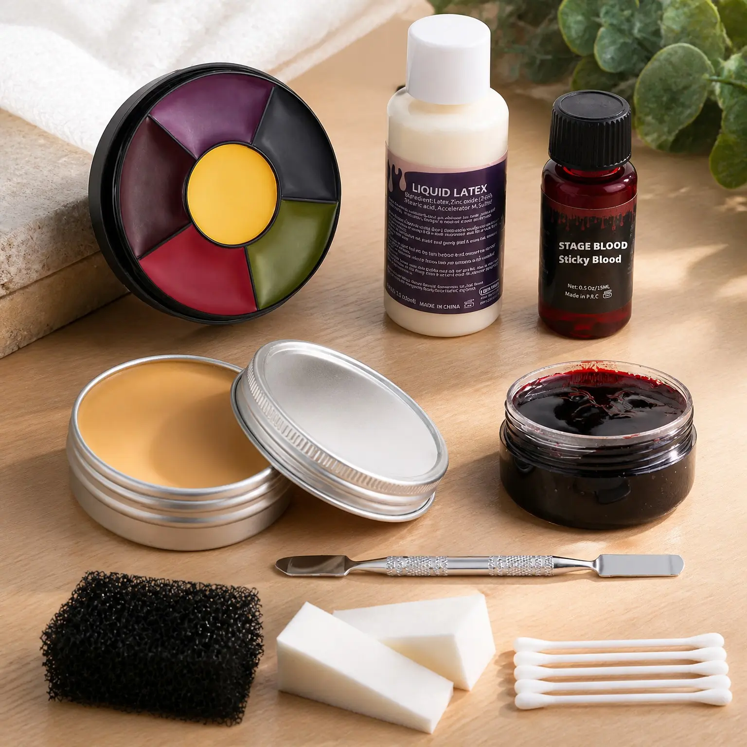 Liquid Latex Scar Wax SFX Makeup Kit for Fake Scars Wounds Burns With 6 Color Bruise Wheel Face Body Paint Stage Blood Coagulated Blood Gel and Spatula Sponges Q-tipsGift