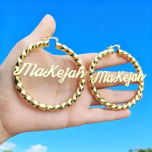 New custom-engraved name twist hoop earrings, eye-catching rope earrings, customizable name round earrings, personalized jewelry