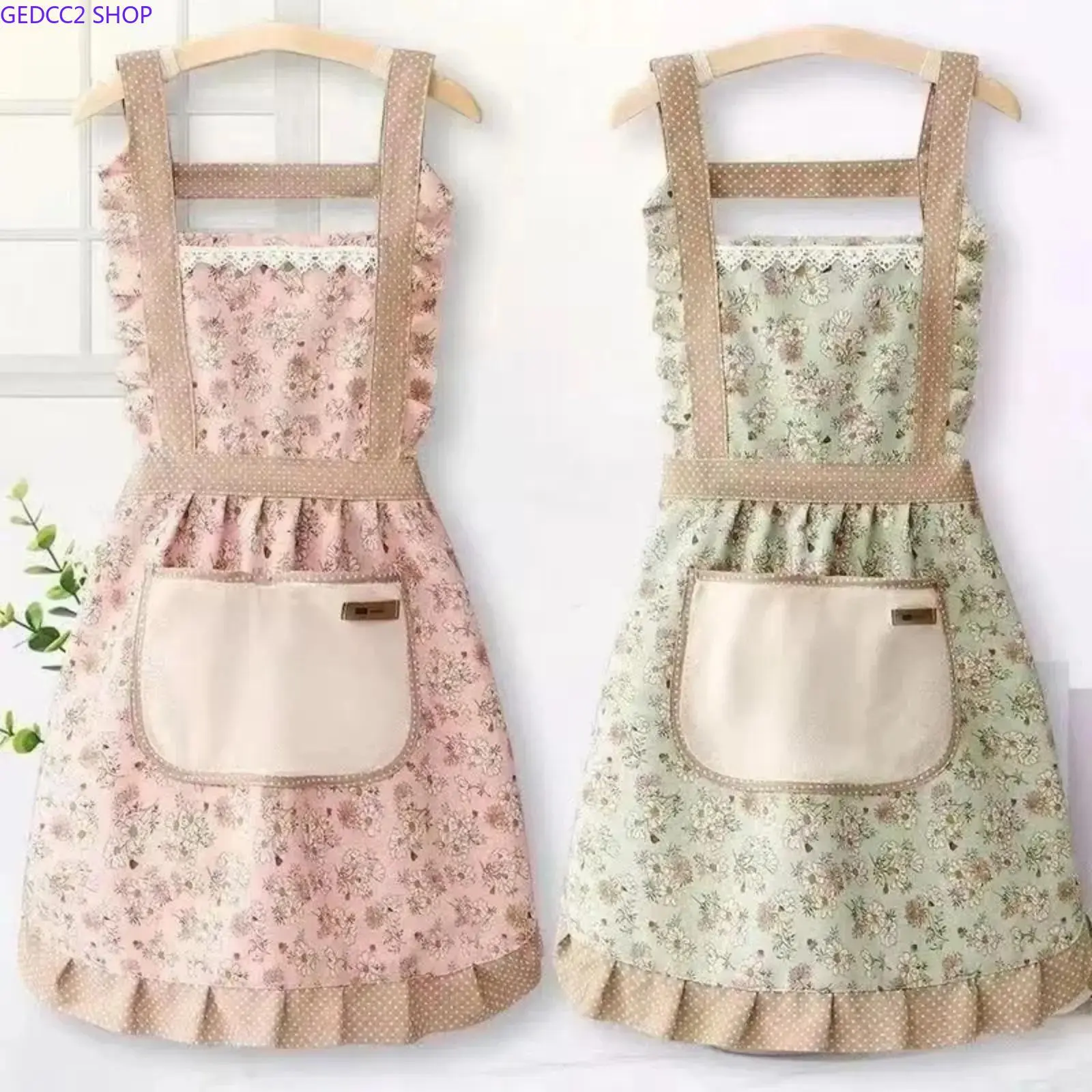 2Pcs Floral Princess Apron Set with Pockets Handbag, Adjustable H-Strap Cooking Baking Apron for Kitchen Restaurant