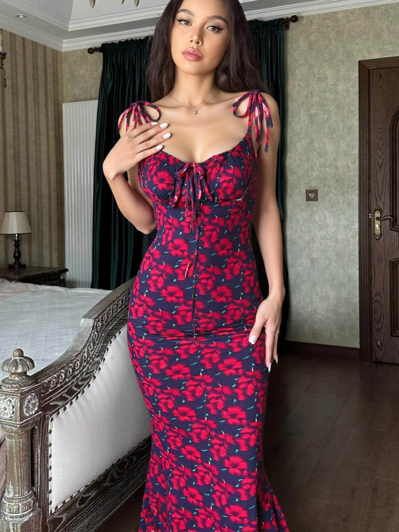 floral print backless bodycon dress Hugcitar Floral Print Sleeveless Backless Slips Lace Up Maxi Dress Sexy Bodycon Summer Elegant