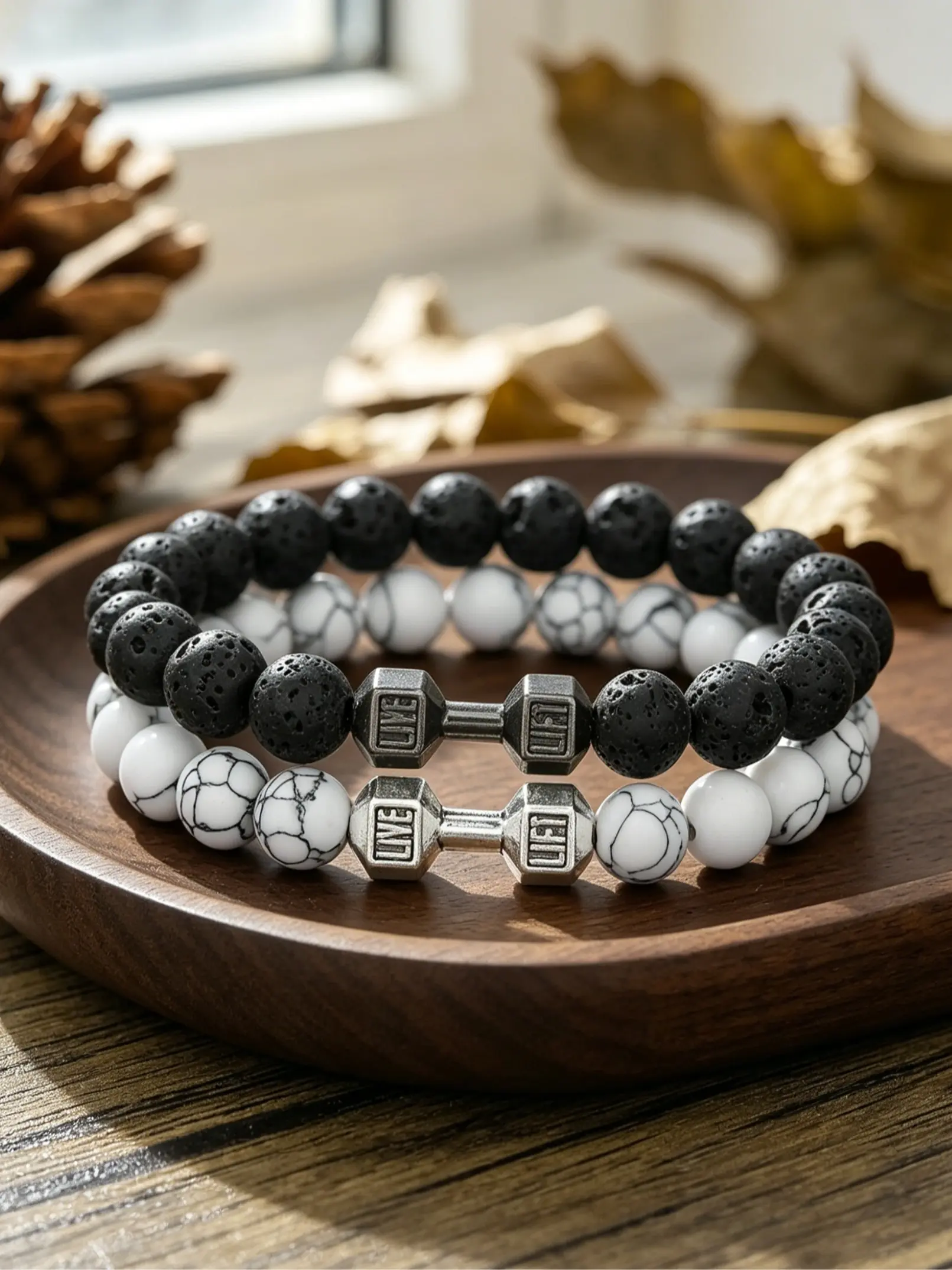 Dumbbell Bracelet Set (2 Pieces), Unisex, Matte Finish with Bead Decorations, Fitness Jewelry, Dumbbell Cord Bracelet, Beaded Bracelets