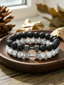 Dumbbell Bracelet Set (2 Pieces), Unisex, Matte Finish with Bead Decorations, Fitness Jewelry, Dumbbell Cord Bracelet, Beaded Bracelets