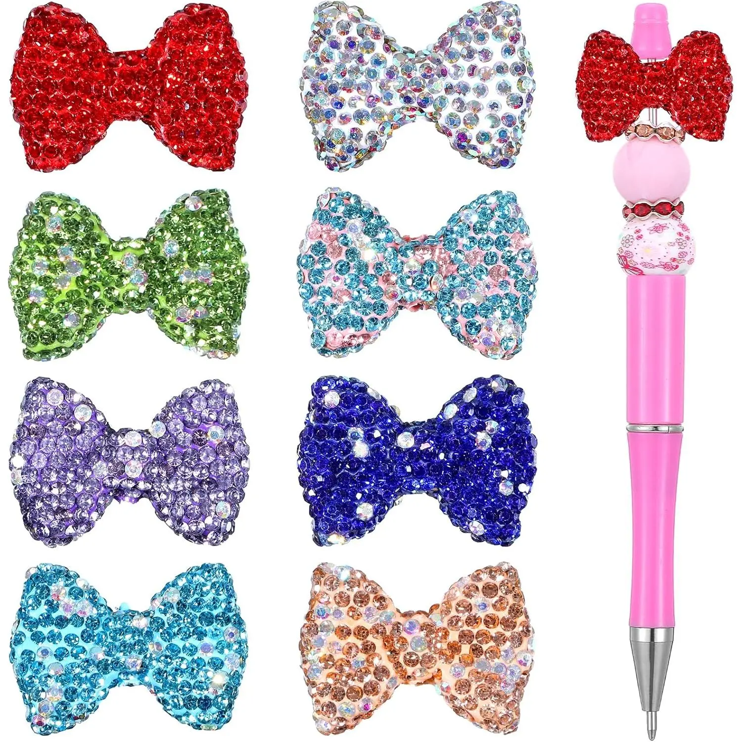 8 count Rhinestone Bows Beads for Pens, Rhinestone Focal Bead for Crafts, Bow Rhinestones  Tassel Beads for Pen, Colorful Bowknot Bead for DIY Pens   Making Suppliers