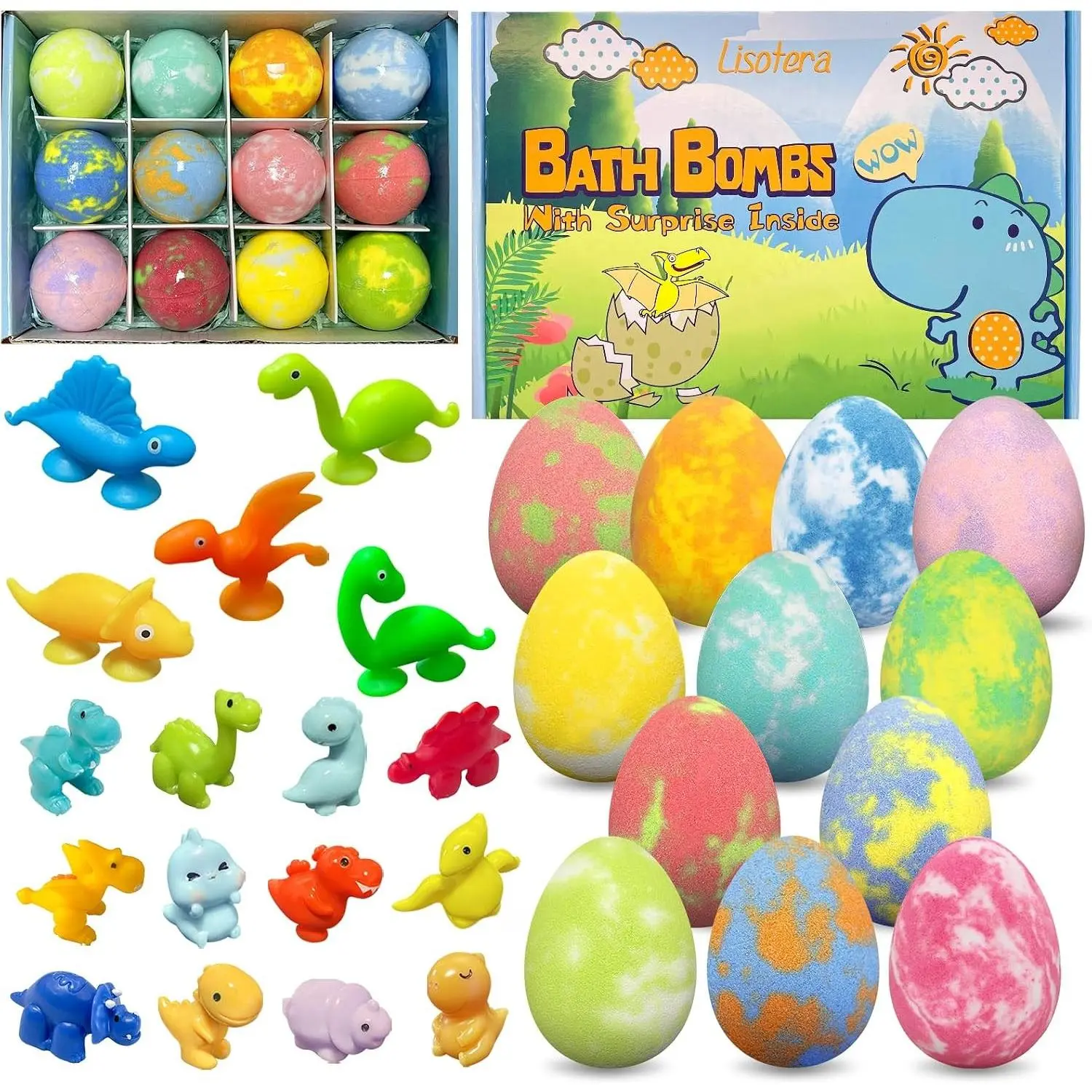 Bath Bombs for Kids with Surprise Toys Inside, 12 Pack Dinosaur Bath Bombs with Dino Toy & Suction Cup Bath Toys, Birthdays Gifts for Boys Girls, Colorful Bubble Bath Fizzy Ball for Kids ChristmasGift.