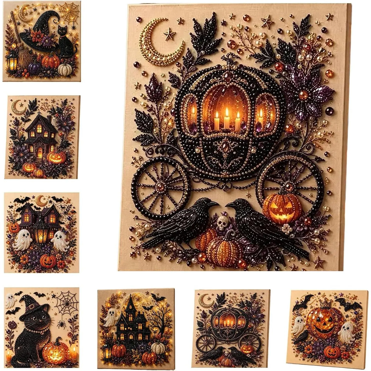 Halloween Pearl Art Kit, Cute Ghost 3D Diamond-Painting DIY Craft Kit with Resin Pearls for Adults, Fall Home Decor Wall Art, Spooky Ghost Pumpkin Canvas for Beginner DIY Seasonal Party Gift