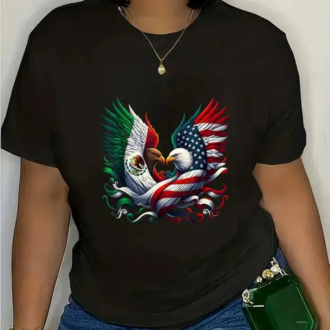 Unisex Kids' 100% Cotton Short-Sleeve Crew Neck Top - Loose-Fitting Clothes Kids, American-Mexican Flag Graphic Print, All Seasons Medium-Length Casual Wear, Machine Washable (3XL,4XL,5XL)
