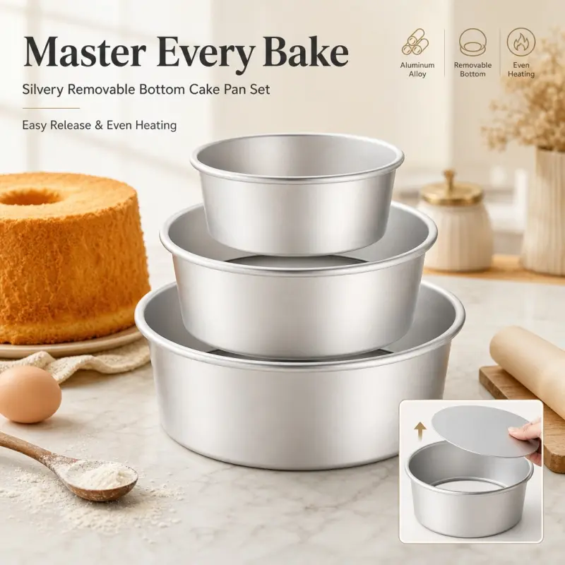 3-Piece Round Removable Bottom Aluminum Cake Pans, Springform design simplifies baking. Even heat conduction for perfect baking results every time.