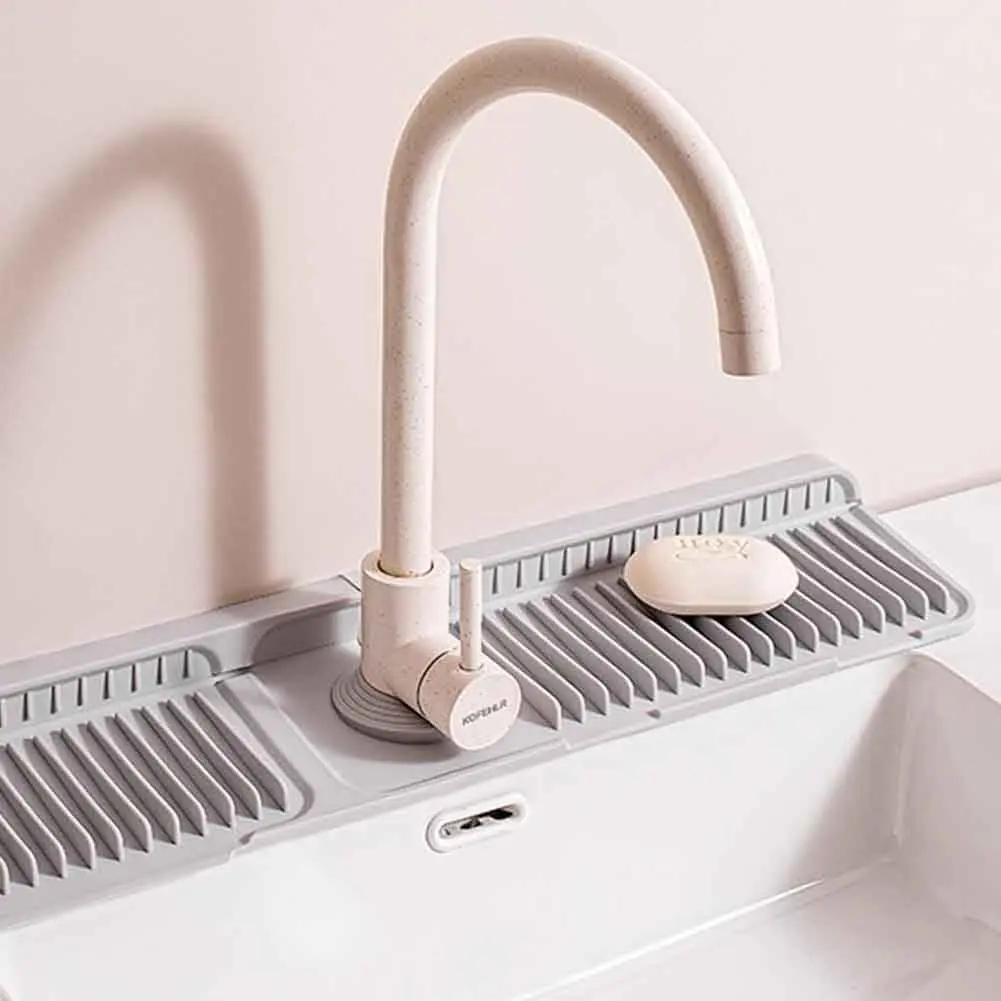 Silicone Faucet Handle Drip Catcher Tray Mat, 24 Inch Silicone Faucet Mat Dish Soap Sponge Holder, Drying Mat Kitchen Counter Bathroom Kitchen Sink Splash Guard