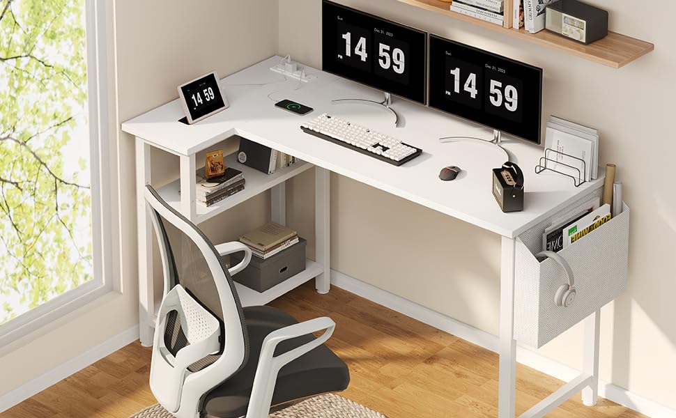 Lufeiya L Shaped Computer Desk with Power Outlet Shelves, 47 Inch Corner Desk for Home Office Bedroom, L-Shaped Study Writing Working PC Desks Table Furniture Lufeiya L Shaped Computer Desk with Power Outlet Shelves, 47 Inch Corner Desk for Home Office Bedroom, L-Shaped Study Writing Working PC Desks Table Furniture