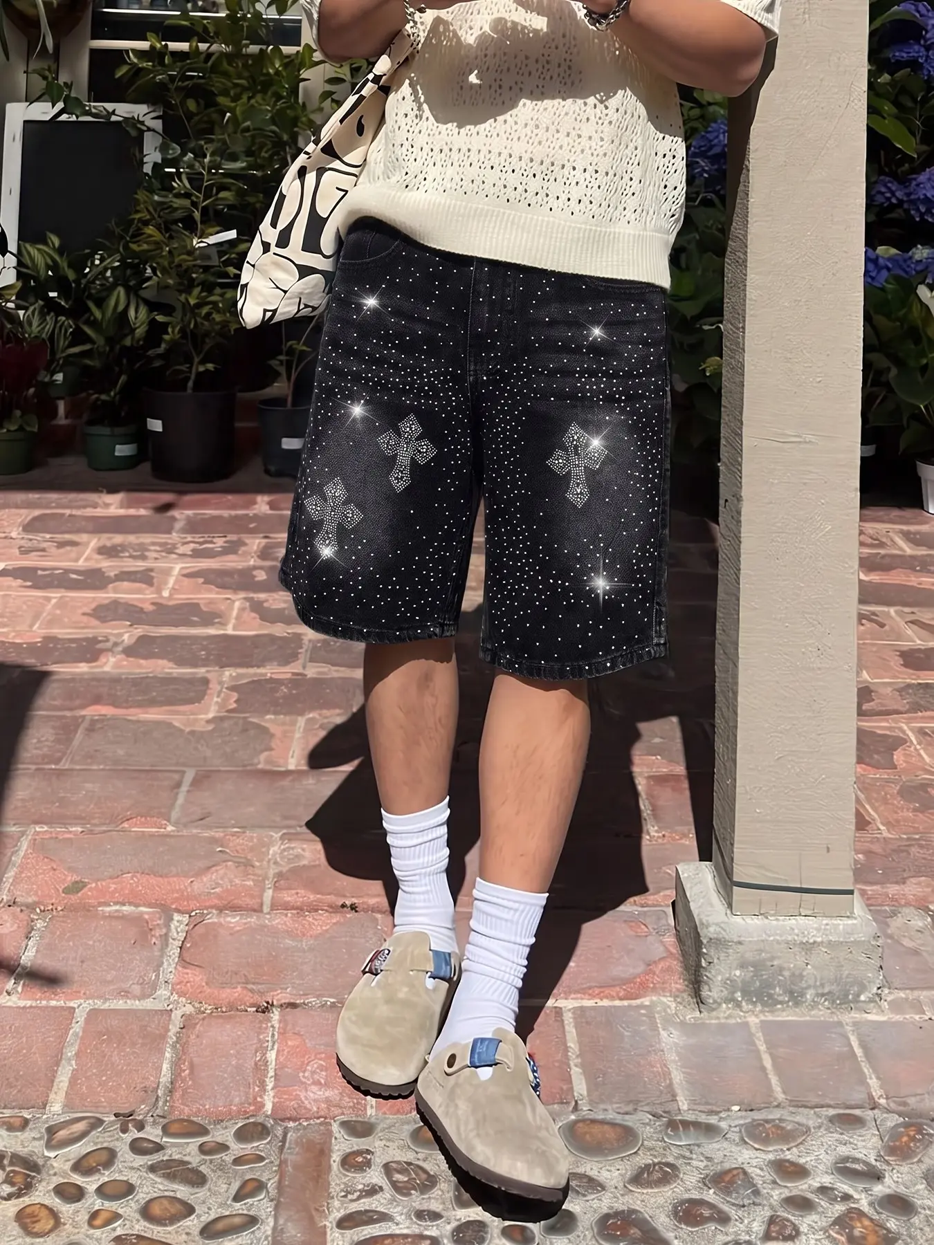 Men Black Vintage Washed Cross Rhinestone Baggy Denim Jorts, All Over Sparkly Dots Wide Leg Jean Shorts Y2K Streetwear for Summer Daily Wear