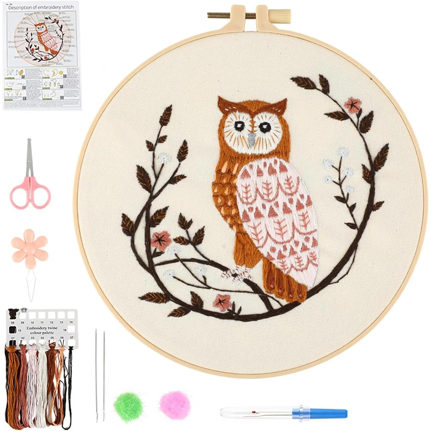 Beginner Embroidery Kit for Adults, Owl   Kits with 7.9" Hoop, Threads, , Learn Stitches with Pre-Printed Patterns, Video Tutorial, DIY Needlework Craft  for Women