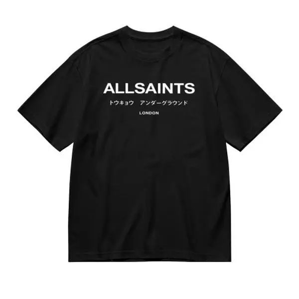 Men's & Women's Cotton Short-Sleeve T-Shirt - Allsaints Kanji Tokyo Underground London Print, Black & White, Urban Minimalist Streetwear, Alternative Classic Fashion, Breathable Summer Basic, Soft Resistant Daily Casual Garment, Shortsleeve, Cargo, Loose,