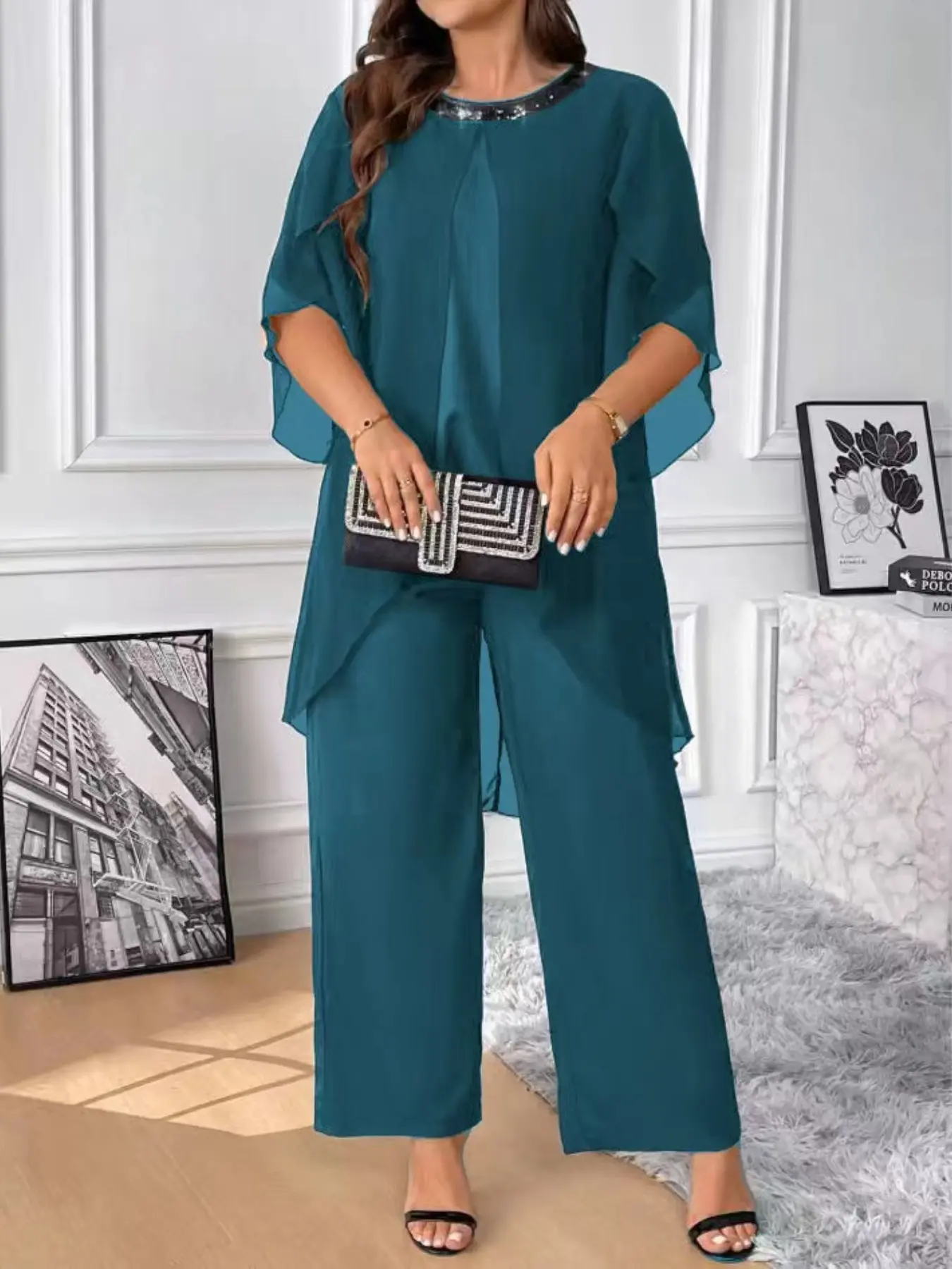 Plus Size Women's Round Neck Two-Piece Set, Asymmetrical Top and High Waist Wide Leg Pants, Lightweight Breathable Fabric, Spring & Fall Fashion Elegance