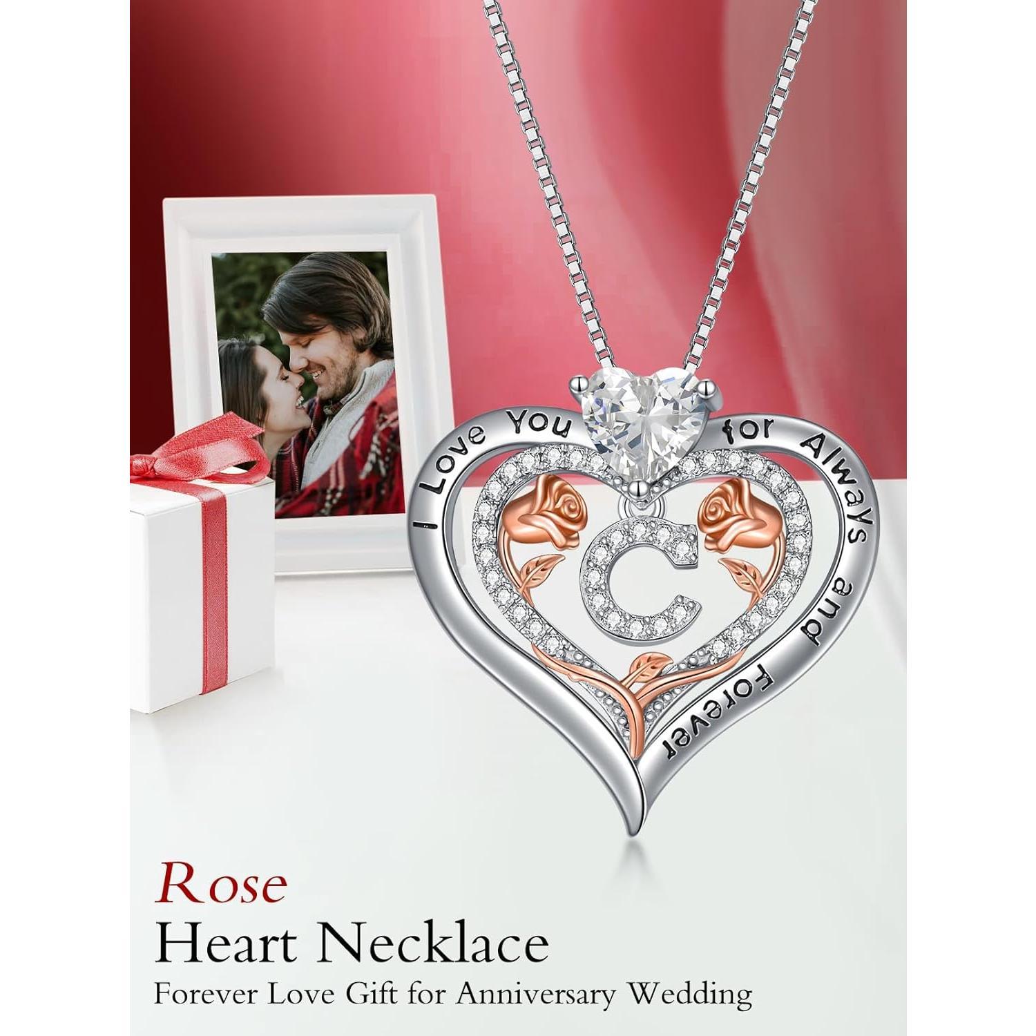 925 Sterling Silver Gifts for Women,Heart Rose A to Z Initial Letter Pendant Necklace with Forever Love Heart Jewelry Mothers Day Birthday Gifts for Her Wife Mom Sister Girlfriend