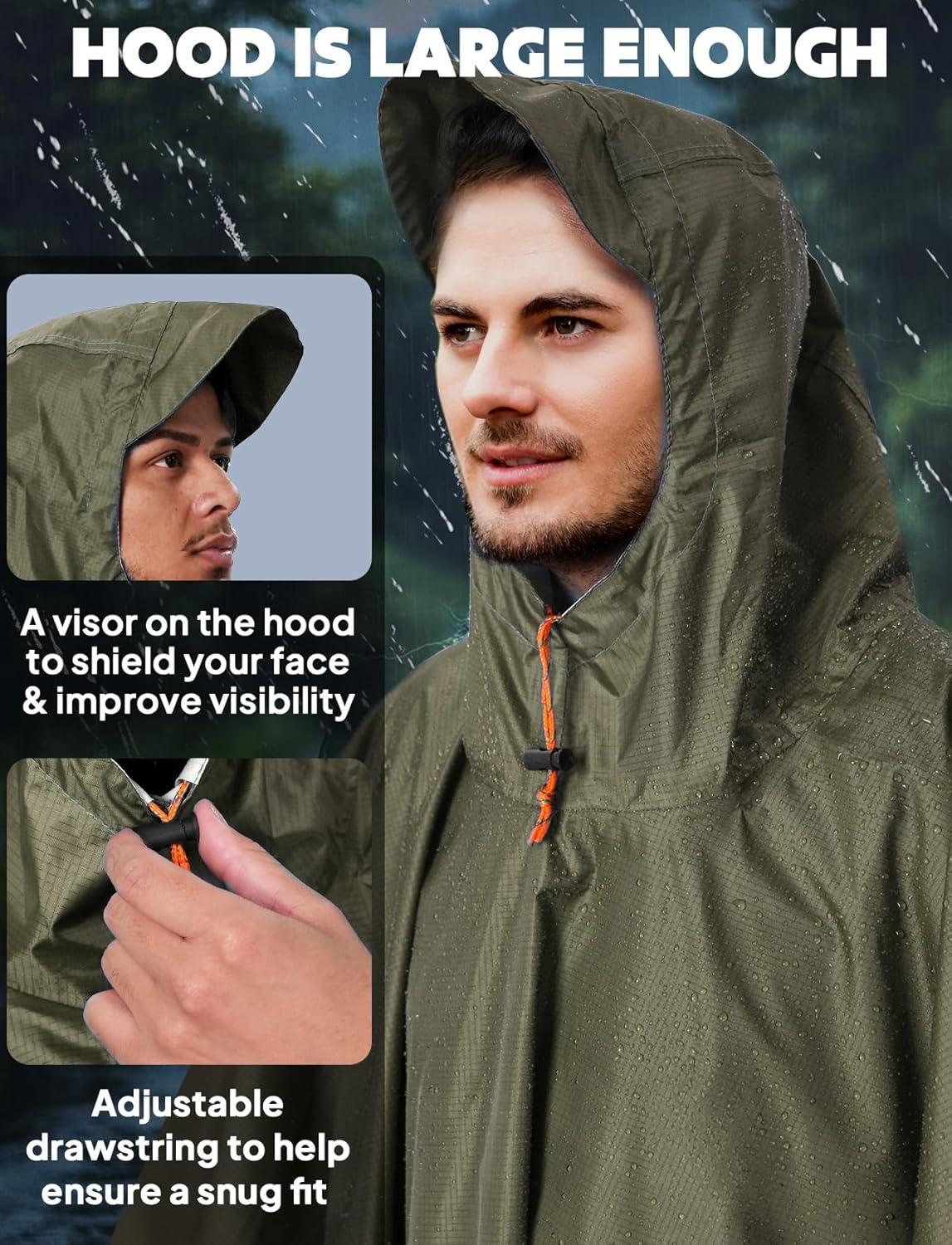 Hooded Rain Poncho for Adults Waterproof Lightweight Rain Coat for Men Women Reusable Rain Jacket for Emergency Outdoor