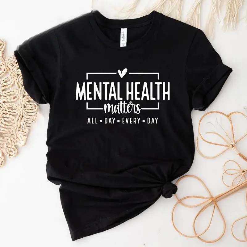 Motivational Print Mental Health Matters Sports Top - Shortleeve, Round Neck, Solid Pattern, Casual Wear for Therapists, Shortsleeve