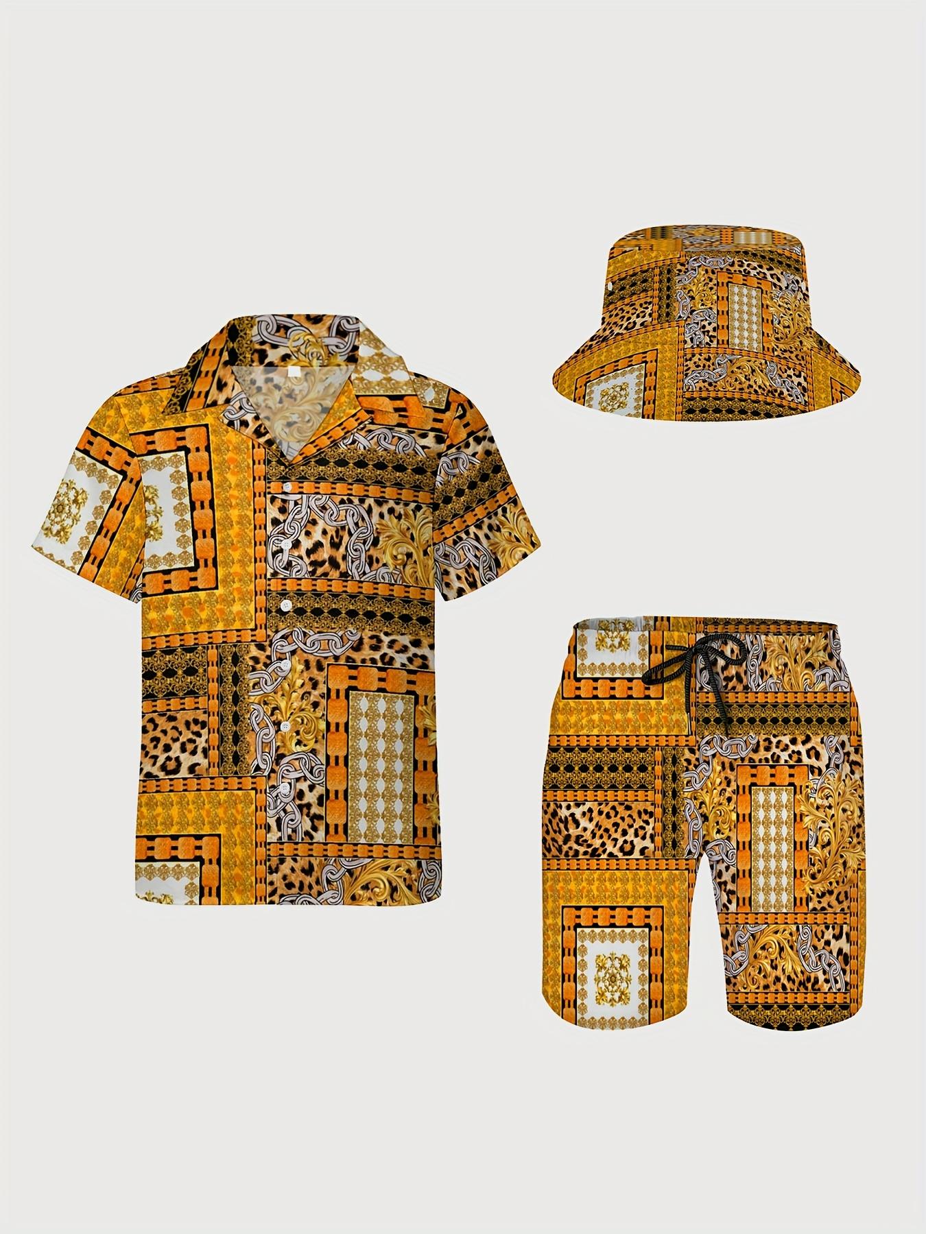 3pcs Mens Hawaiian Shirt And Shorts Bucket Hat Set, Golden Luxury Leopard Baroque Pattern, Soft Fabric Breathable Shirt, Button- Short Sleeve Casual Beach Shirt with Straw Hat Set