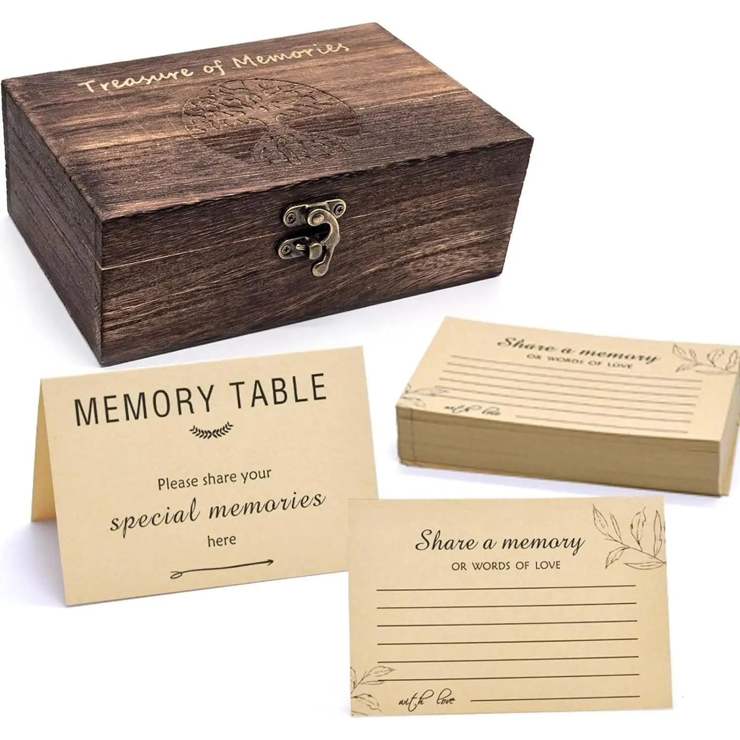 Wooden Memory Keepsake Box with 50 Memory Cards, Celebration Decor - Elegant Heirloom Storage for Funerals, Weddings - Women's Event Keepsake Accessory