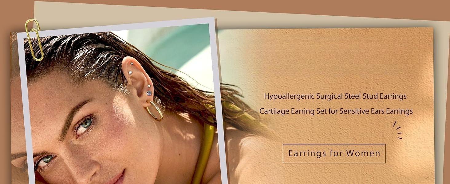 CASSIECA 12Pairs 20G Stainless Steel CZ Stud Earrings for Women Men Cartilage Helix Earrings Set Round Cubic Zirconia Screw Flat Back Stud Piercing