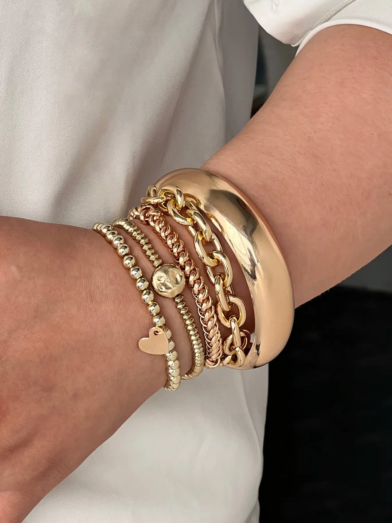 Heart Bead Five-Piece Set Bracelet Kit, Wide Smooth Bangle, Thick Chain Braided Jewelry, European Style Layered Accessories