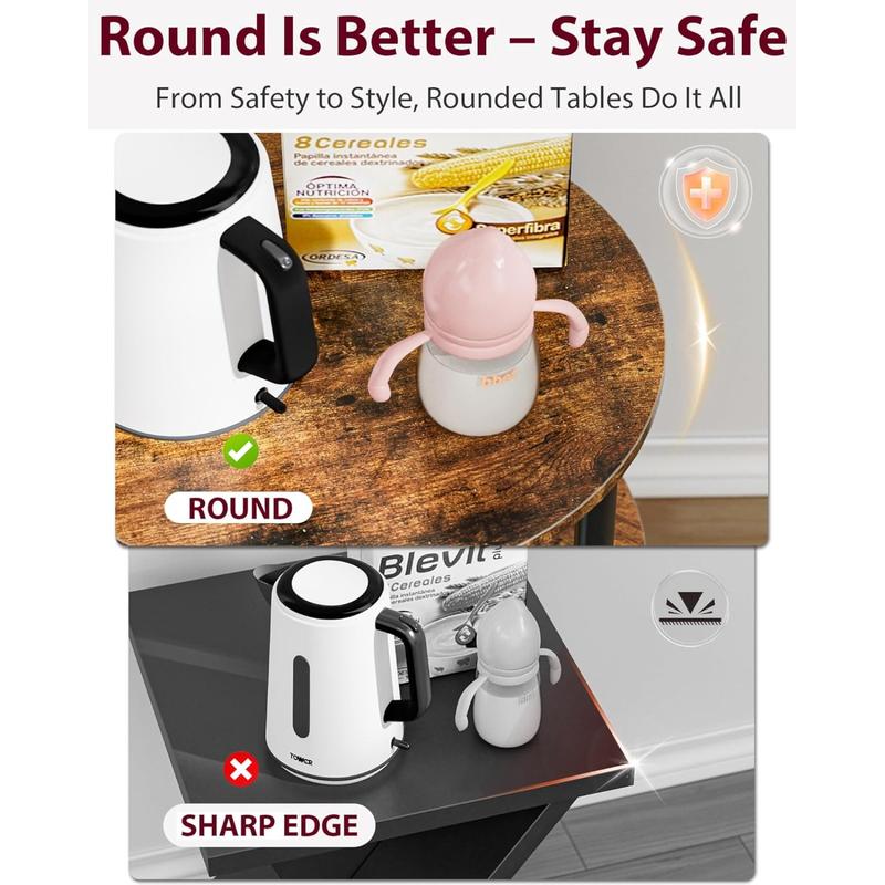 Small Round End Table 3-Tier Accent Table Nightstand for Bedroom Living Room Small Spaces Industrial Vintage Side Table Couch Organizer Bedside Display Stand Rustic Brown Home Gift